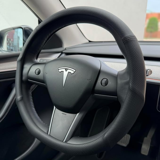PINCTROT Supported Grip Nappa Leather Steering Wheel Cover for Tesla Model Y/3 Highland/Juniper, D Shaped 14 Inch Small Sized with Breathable Perforation, Flat Bottom 14 Inch(Black)