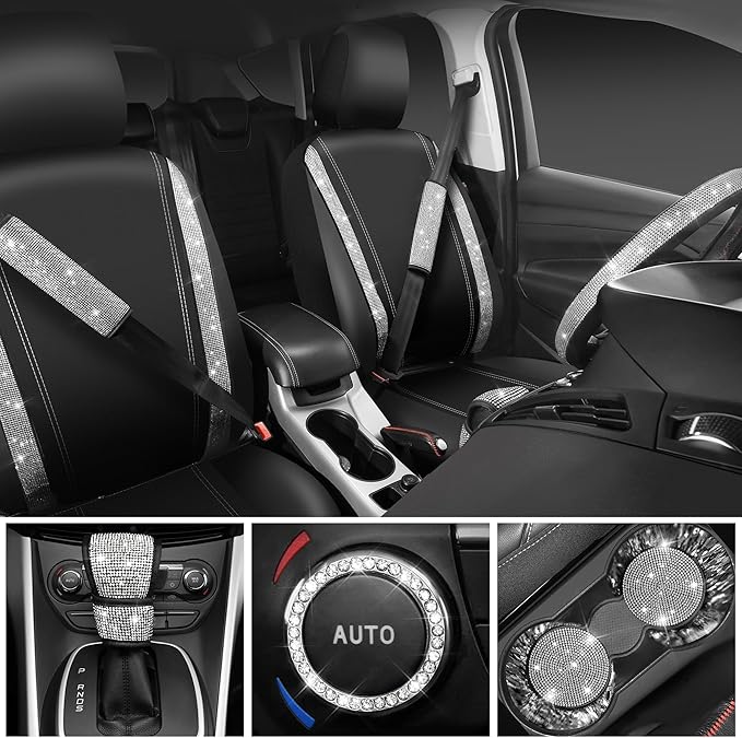 CAR PASS Bling Diamond Leather Car Seat Covers Sets 11 pcs,Bling Diamond Car Accessories for Women, Sparkly Rhinestone Steering Wheel Cover, Glitter Cute Interior Sets for Women Girl,Silver