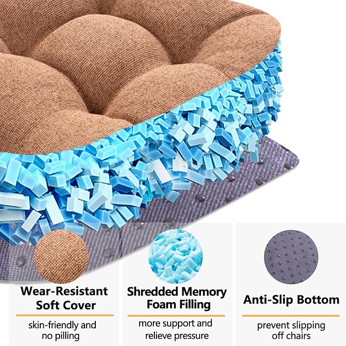 MAGIC ELEPHANT Chair Cushions for Dining Chair, Shredded Memory Foam Kitchen Chair Cushions Set of 4, Non-Slip Thick Dinning Room Chair Pads Seat Cushions, 15.5" x 15.5" x 4" (Brown)
