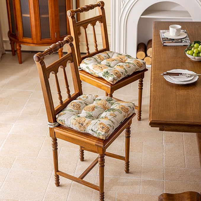 vctops Farmhouse Floral Print Chair Cushions with Ties U-Shaped Soft Comfortable Chair Pads Non Slip Seat Cushions for Indoor Dining Room and Kitchen Chairs (Flower D,16"x16")