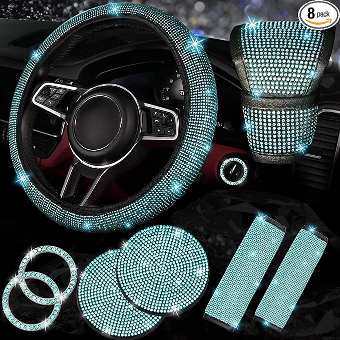 NBTEPEM 8 pcs Bling Car Accessories Set for Women, Steering Wheel Cover, Sparkly Seat Belt Covers, Bling Gear Shift Cover, Universal Fit Most Cars (Aquamarine Diamond)