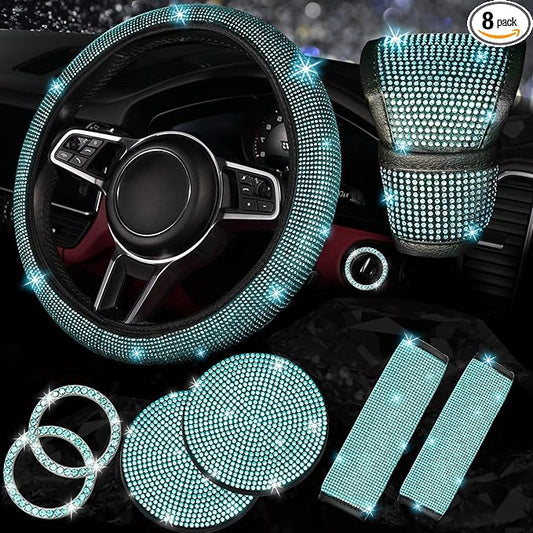 NBTEPEM 8 pcs Bling Car Accessories Set for Women, Steering Wheel Cover, Sparkly Seat Belt Covers, Bling Gear Shift Cover, Universal Fit Most Cars (Aquamarine Diamond)