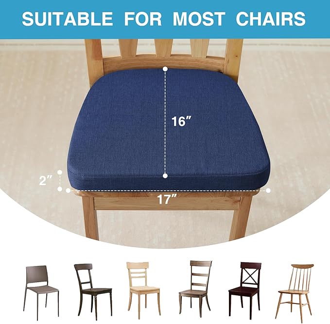 IASEAHK Chair Cushions for Dining Chairs Set of 6, Non Slip Kitchen Chair Pads, 17" x 16" x 2", Indoor Dining Chair Cushions with Ties, D-Shaped Seat Cushions for Kitchen Chairs, Navy Blue
