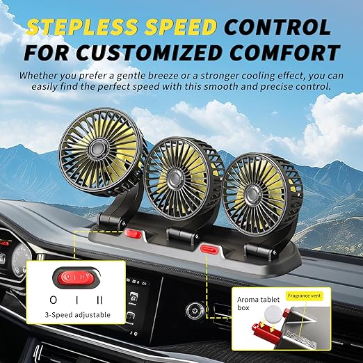 Portable 3-Head Car Cooling Fan - 2-Speed Adjustable, 360° Rotating, Cigarette Lighter Plug, Powerful Airflow for Vehicles, RVs, and SUVs