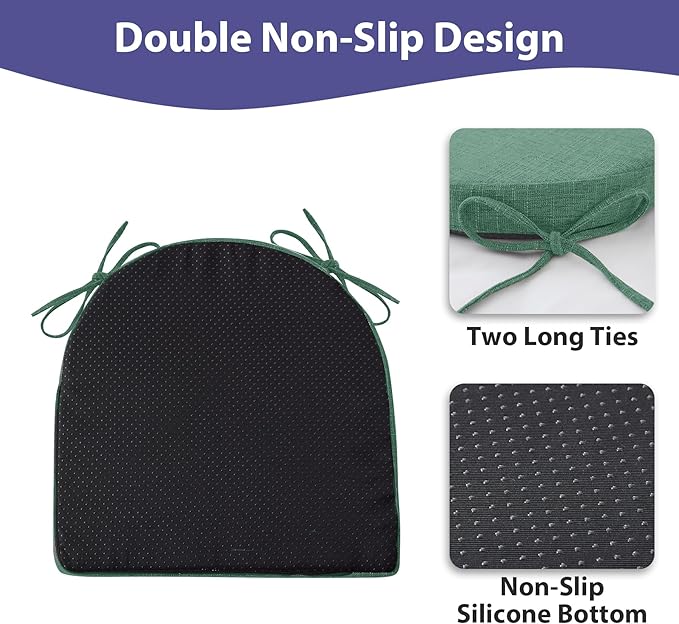 IPYNBAP Chair Cushions for Dining Chairs, Kitchen Chair Cushions, 16'' x 16'' x 2'', Non Slip Indoor Seat Cushions, Chair Pads for Dining Chairs with Ties & Removable Cover, Set of 4, Dark Green