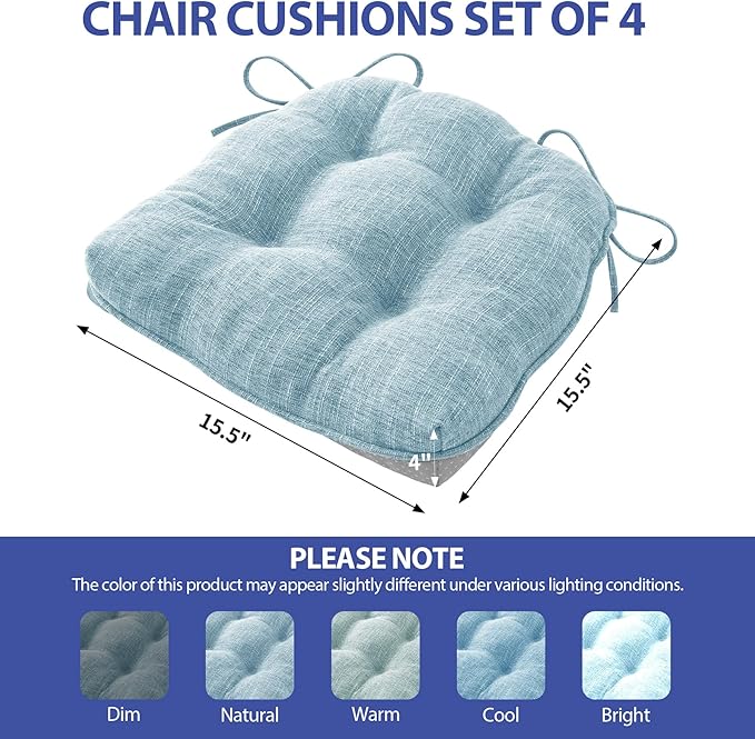 IPYNBAP Chair Cushions for Dining Chairs Set of 4, Kitchen Chair Cushions, Chair Pads with Ties and Non Slip Backing, Tufted Memory Foam Seat Cushion 4 Pack, 15.5" x 15.5" x 4", Baby Blue