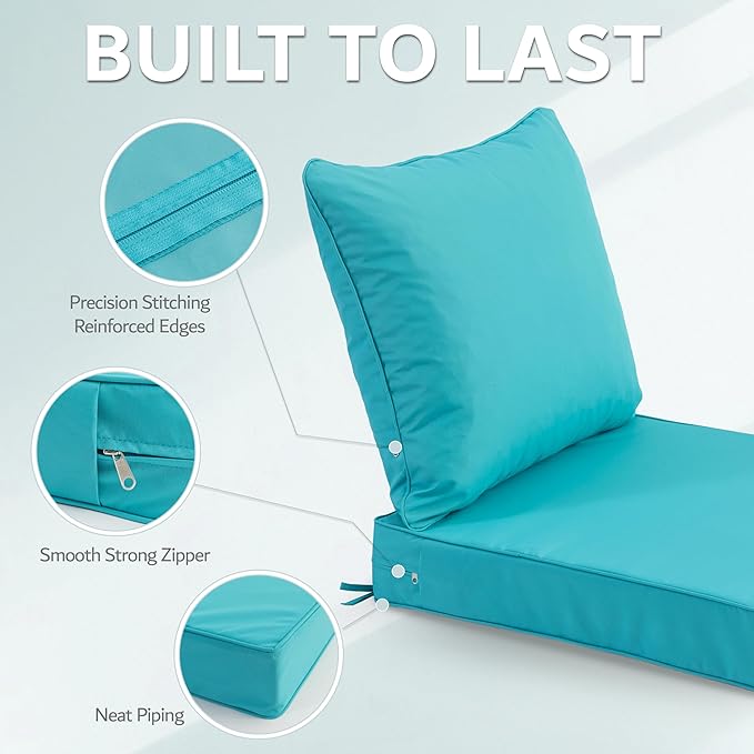 24x24 Inch Outdoor Chair Cushions Set of 4, Patio Furniture Cushions - Removable Cover, Water-Repellent, Fade-Resistant, Non-Slip Bottom & Straps, Replacement for Deep Seat Sofa & Couch - Teal