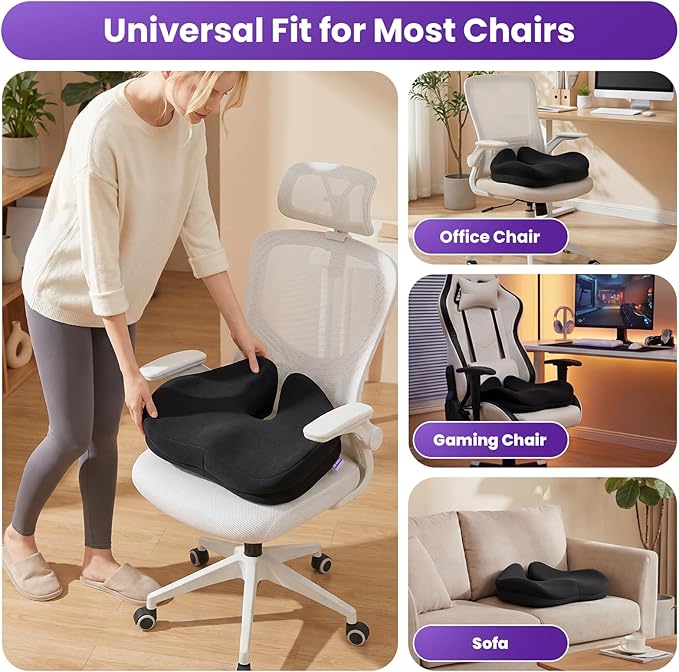 ZZ-WELL Seat Cushions for Office Chairs - Patented Coccyx Cushion for Tailbone Pain - 21.2" W x 16.5" L Memory Foam Extra Large Seat Cushion, Removable & Machine Washable Cover (Black)