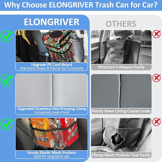 ELONGRIVER Car Trash Can Bin for Back Seat Leak Proof, Cute Car Trash Bag Hanging, Vehicle Trash Can for SUV Truck Van, Automotive Garbage Cans Front Seat Red Leaves