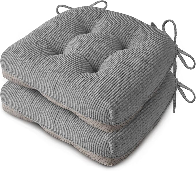 Indoor Kitchen Chair Cushions Set of 2 18"X16.5"X3" Soft Anti Slip Dining Chair Pads Tufted Kitchen Seat Cushion with Ties, Grey