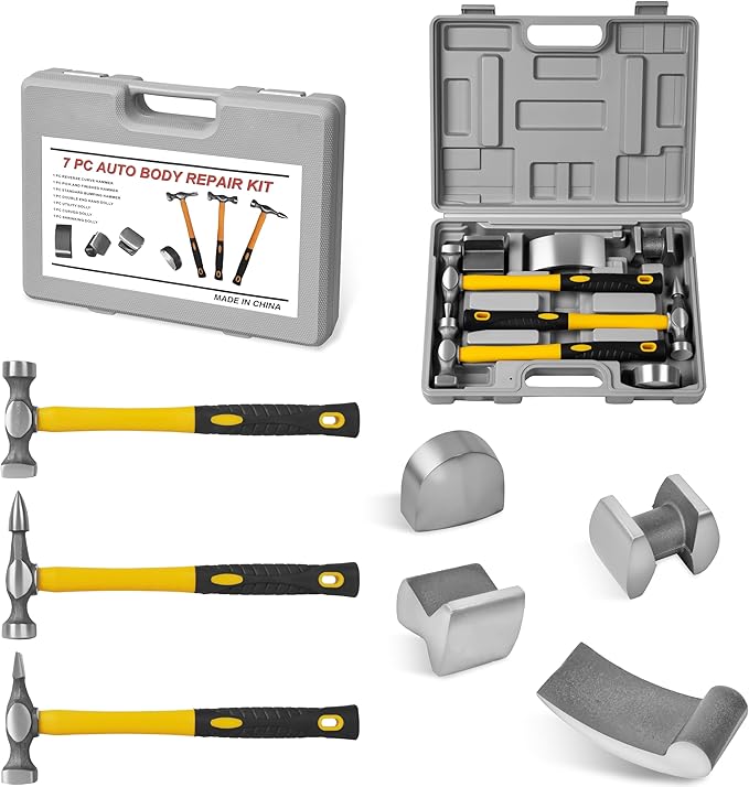 DAYUAN 7Pcs Auto Body Repair Kit, Craft Panel Beating Hammer and Dolly Set Hammer Dent Body Fender Tool