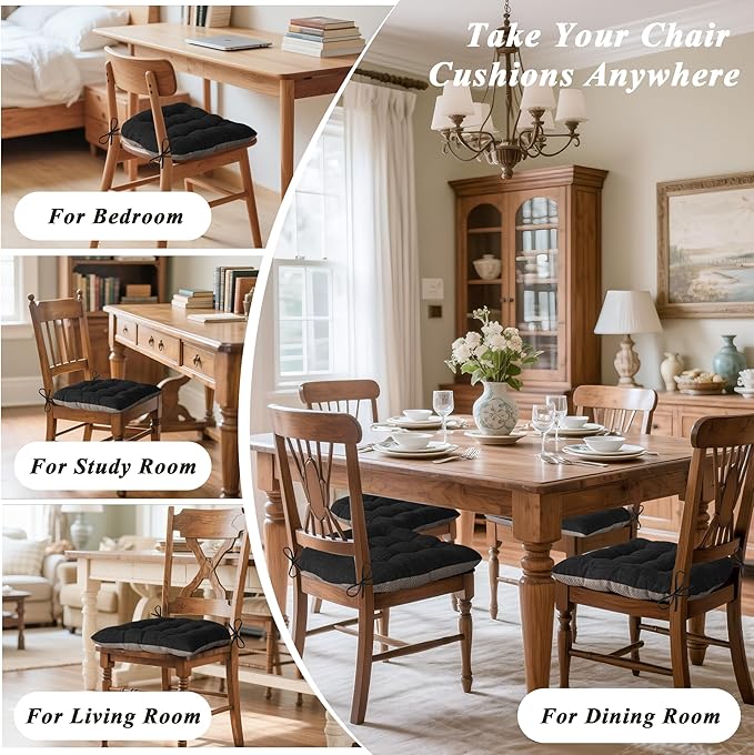 Chair Cushions for Dining Chairs Set of 2 Durable D-Shaped Seat Cushions with Non-Slip Backing Secure Ties Thick Cozy Seat Pad for Kitchen Dining Room Office(18x16.5x3in Black)