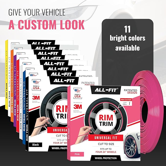 All-Fit Automotive Rim Trim – Durable DIY Car Exterior Accessories for Curb Rash Protection – Fits Up to Four 24” Wheels – Flexible, Durable Wheel Rim Protector (3/8″ width/Pink)