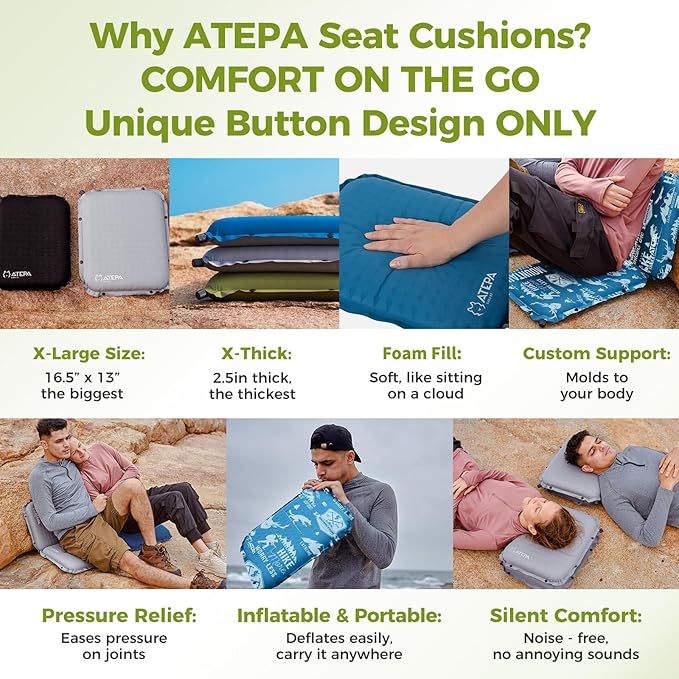 ATEPA Inflatable Seat Cushion, Compact Self-Inflating Seat Cushion for Stadium Airplane Air Travel Bleacher Camping, Blow Up Foam Seat Pad for Outdoor Sports Events Backpacking Hiking Sitting