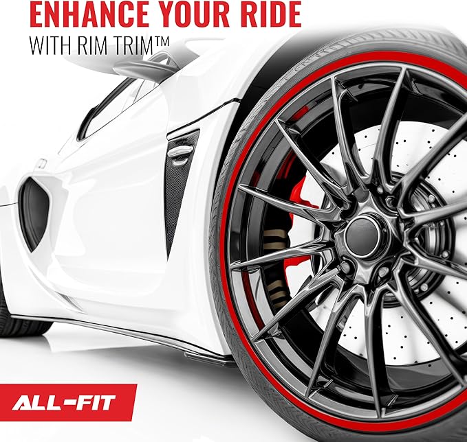 All-Fit Automotive Rim Trim – Durable DIY Car Exterior Accessories for Curb Rash Protection – Fits Up to Four 24” Wheels – Flexible, Durable Wheel Rim Protector (3/8″ width/Red)