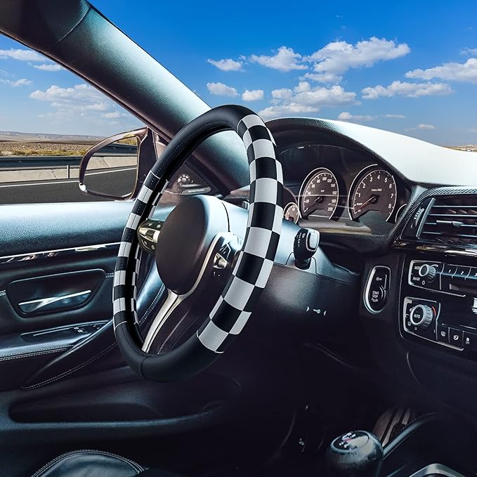 Evankin Lattice Leather Steering Wheel Cover, Black and White Checker Car Accessories, Non-Slip and Comfortable Unisex Universal Steering Wheel Cover 15 inch for Women Men (Black and White Checker)