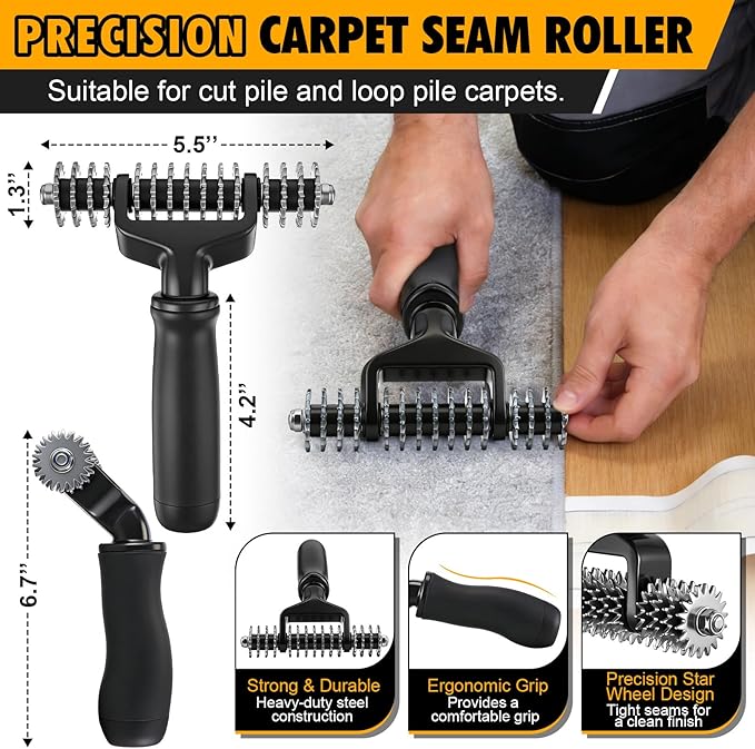 Dreyoo Upgraded Carpet Repair Kit with 5" Star Wheel Seam Roller, 4" x 30ft Carpet Seam Tape & Heavy Duty PVC Pipe Cutter, Heatless Carpets Patching Tools for DIY Home/Office Floor Maintenance