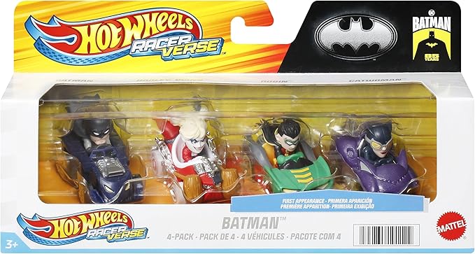 Hot Wheels RacerVerse, Set of 4 Die-Cars 1:64 Scale Toy Cars Optimized for Driving on Tracks with Pop Culture Characters as Drivers