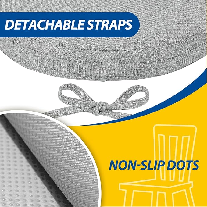 AAAAAcessories D-Shaped Chair Cushions, 2" Thick Dining Chair Pads with Ties and Removable, Machine-Washable Cover, 17" x 16", Set of 6, Light Gray