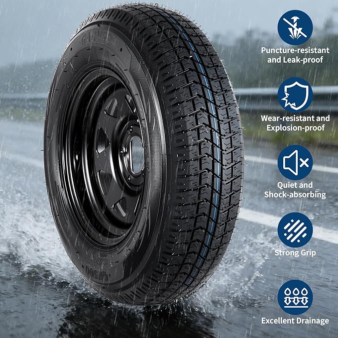 2-Pack Trailer Tire On Rim ST205/75D14 Trailer Tires and Wheels 5 Lug on 4.5 in PCD Trailer Tires with 14 in Rims Load Range C 6PR Black
