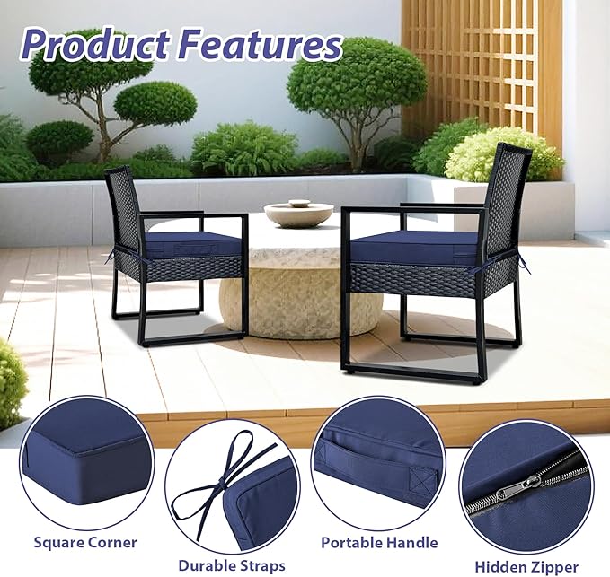 IPYNBAP Outdoor Chair Cushions Set of 4 -Waterproof Outdoor Seat Cushions for Patio Furniture, Patio Chair Cushion with Handle and Ties, Out Door Chair Pads,18.5x16x3-Square, Navy Blue
