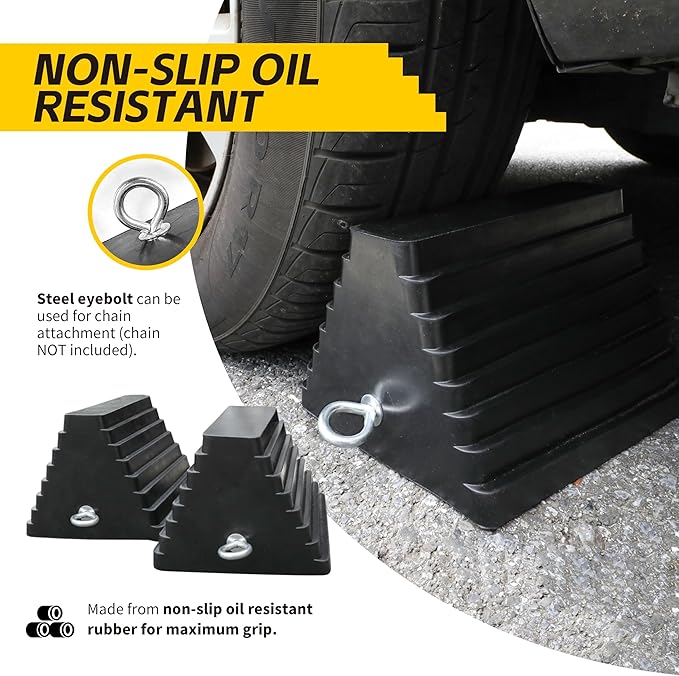 MaxxHaul 80681 Rubber Wheel Chocks – Heavy Duty, Oil-Resistant, Non-Slip with Steel Eyebolt – 2-Pack, 10” x 8” x 6” – for Trailers, Cars, RVs, Motorcycles