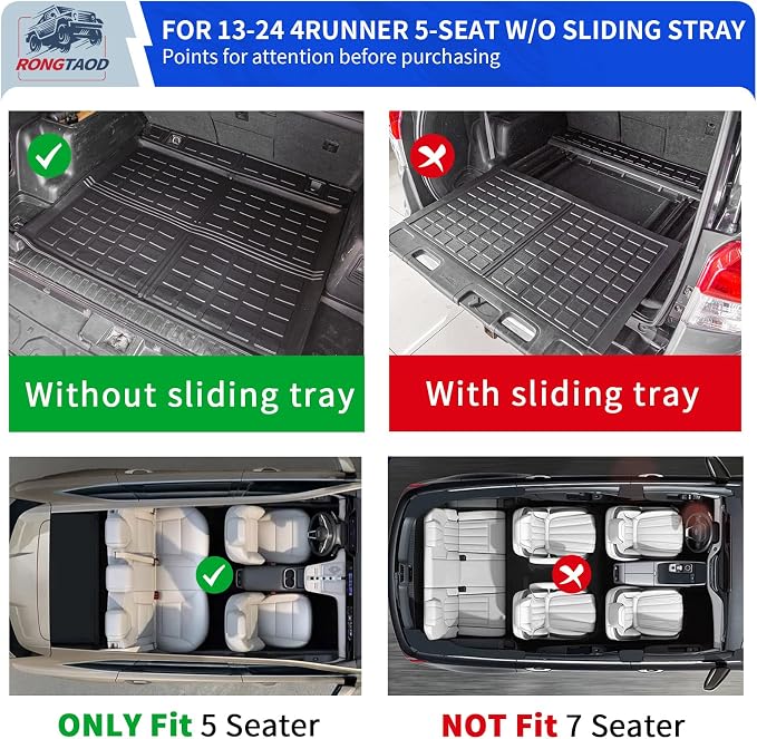 Rongtaod Floor Mats Compatible with 2013-2024 Toyota 4Runner 5 Seats Trunk Mat Cargo Mat Cargo Liner Back Seat Cover Protector 2023 4 Runner Accessories (Set of 8 Mats,Fit Without Sliding Tray)
