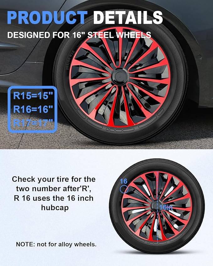 ABX Hubcaps,16 inch hubcaps Set of 4, Wheel Rim Cover ABS Material, Snap On Car Truck SUV Replacement, for Toyota Camry Nissan Mazda etc, Black&Red