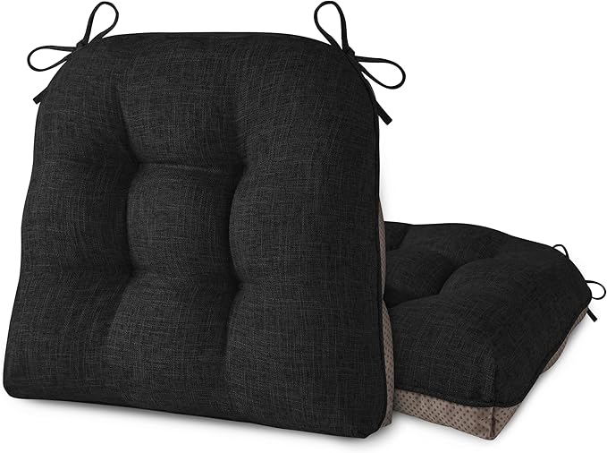 AddGrace Chair Cushions for Dining Chairs Set of 2 Kitchen Seat Cushions with Ties and Non Slip Backing Tufted Indoor Seat Pad for Kitchen Dining Room 18" x 17" x 3" Black