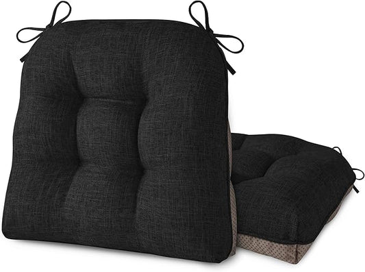 AddGrace Chair Cushions for Dining Chairs Set of 2 Kitchen Seat Cushions with Ties and Non Slip Backing Tufted Indoor Seat Pad for Kitchen Dining Room 18" x 17" x 3" Black