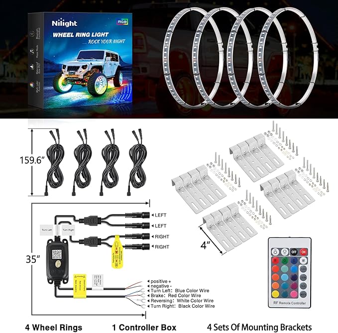Nilight 4PCS 15.5inch LED Wheel Ring Lights RGB with APP and Remote Control Neon Lights Million Colors w/Turn Signal and Braking Function for Car Van SUV Truck