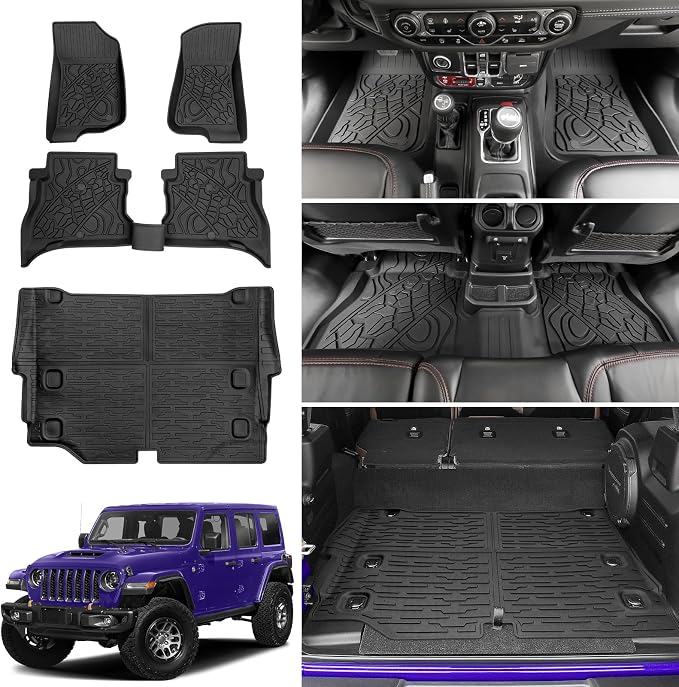 Cargo Mat with Floor Liner Compatible with 2021-2025 Jeep Wrangler JL Unlimited 4XE 4 Door, Cargo Liner TPE Floor Mat for 2024 Jeep Wrangler JL/JLU Accessories(Cargo Mat+Floor Mat)