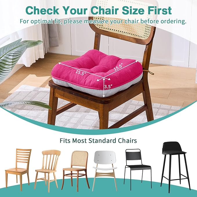 BETU Chair Cushions for Dining Chairs Set of 4,3.5" Thick Kitchen Table Chair Pads with Ties,Non Slip Backing and Covers, Seat Cushion for Dining Room,Bar,Patio Chairs,15.5"X15.5"X3.5",Hot Pink