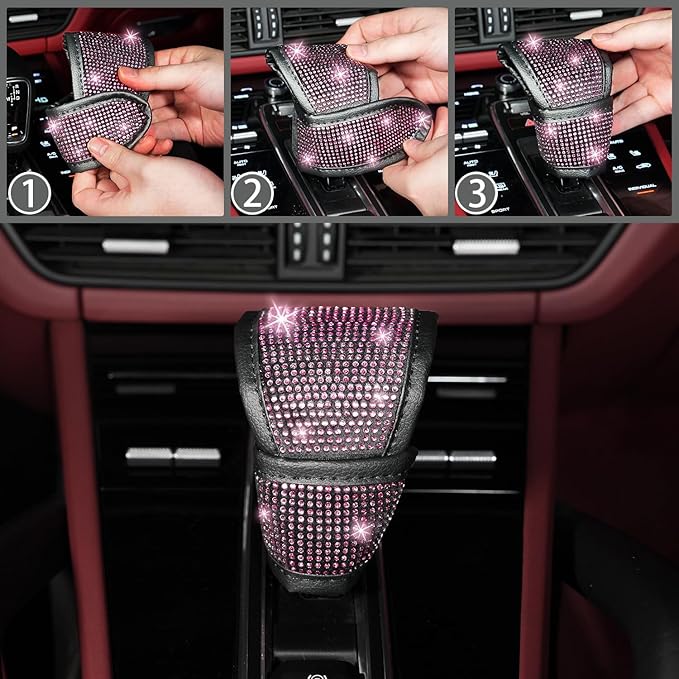 NBTEPEM 8 pcs Pink Bling Car Accessories Set for Women, Steering Wheel Cover, Sparkly Seat Belt Covers, Bling Gear Shift Cover, Universal Fit Most Cars (Pink Diamond)