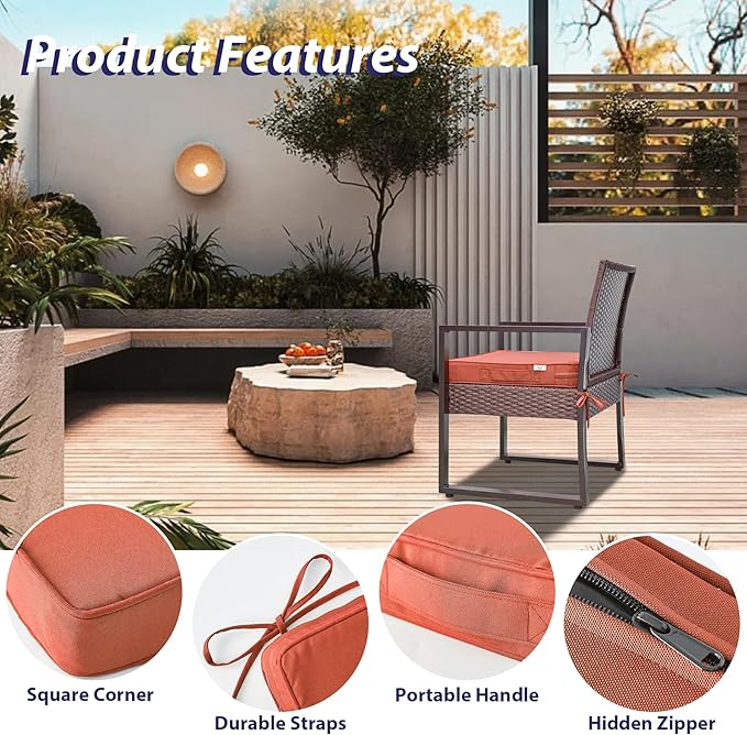 IPYNBAP Outdoor Chair Cushions Set of 4 -Waterproof Outdoor Seat Cushions for Patio Furniture, Patio Chair Cushion with Handle and Ties, Out Door Chair Pads,18.5x16x3-Square, Spice