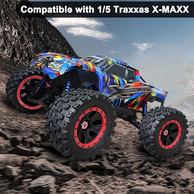 1/5 RC Tires and Wheels for Traxxas 1/5 X-MAXX 8S Arrma 1/5 Kraton 8S 1/5 Outcast 8S, RC Monster Truck Tires 24mm Hex Wheels (4PCS, Red)