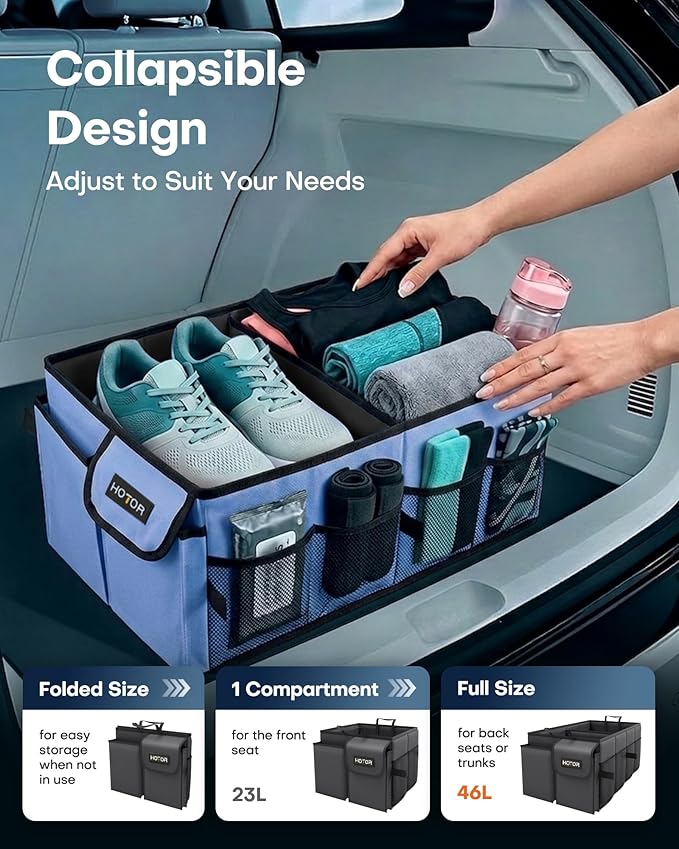 HOTOR Trunk Organizer for Car - Car Organizer, Foldable Trunk organizer for SUVs & Sedans, Sturdy Organization for Car Accessories, Tools, Sundries, Blue, 2 Compartments, 23.6"×14.2"×10.6"