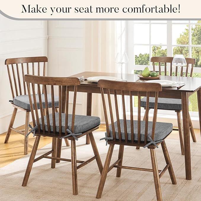 Basic Beyond Chair Cushions for Dining Chairs 6 Pack, Kitchen Chair Cushions with Ties and Non Slip Backing, 16 x 16 inches Chair Pads for Dining Chairs (Dark Grey)