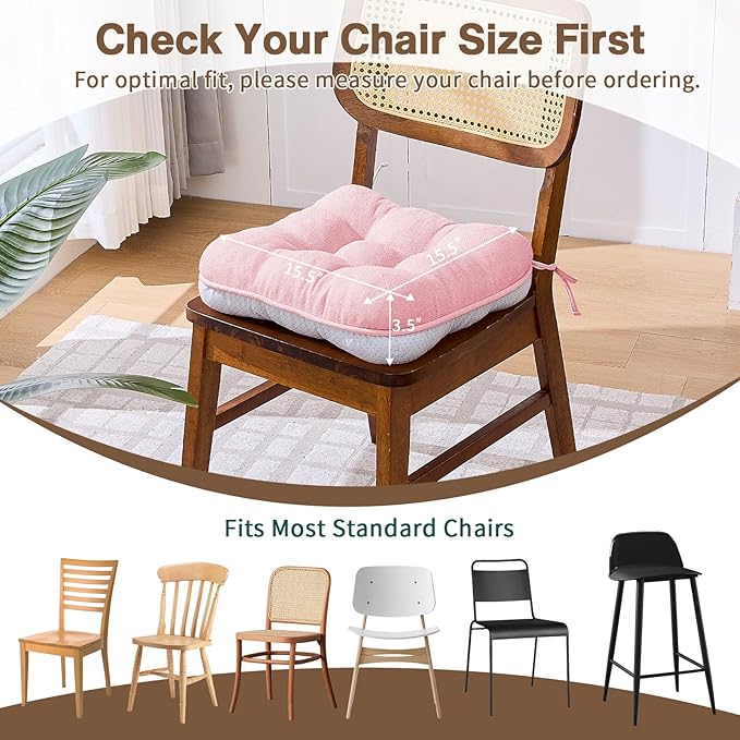 BETU Pink Chair Cushions for Dining Chairs Set of 4,3.5" Thick Kitchen Table Chair Pads with Ties,Non Slip Backing and Covers, Seat Cushion for Dining Room,Bar,Patio Chairs,15.5"X15.5"X3.5",Pink