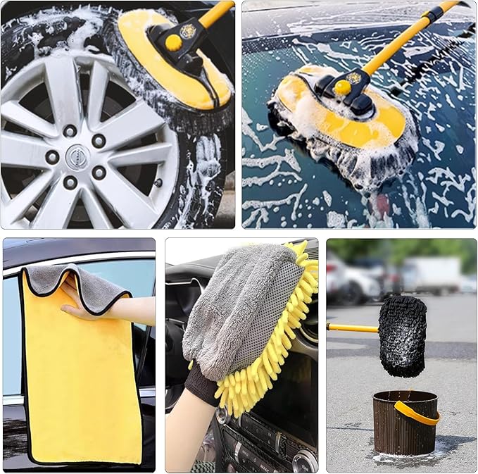 57'' Car Wash Brush with Long Handle Chenille Microfiber Car Wash Kit， Mitt Retractable Bent Pole Car Wash Brush for Cars RV Truck Boat (Ginger)