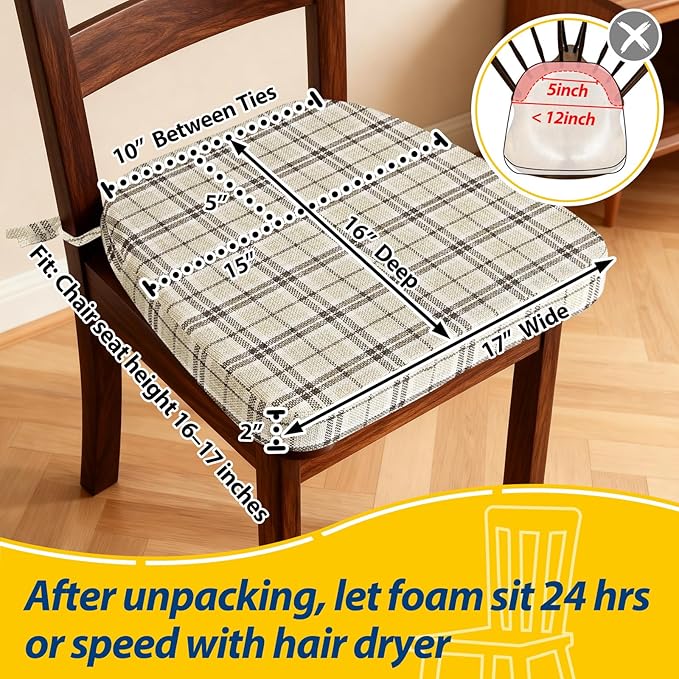 AAAAAcessories D-Shaped Chair Cushions, 2" Thick Dining Chair Pads with Ties and Removable, Machine-Washable Cover, 17" x 16", Set of 6, Yellow Checkered