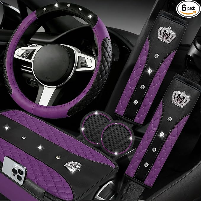 NBTEPEM 6 PCS Bling Car Accessories Set, Leather Steering Wheel Covers Universal 14.5-15 inch, Center Console Cover, Seat Belt Cushion, Cup Holder Coaster (Purple)