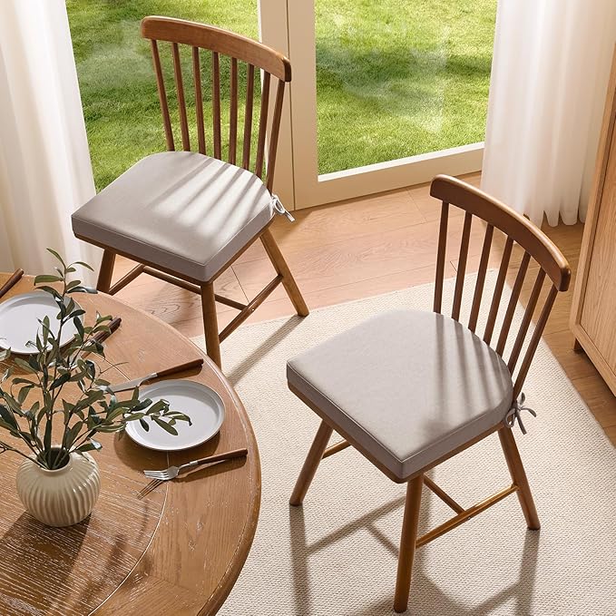 downluxe Chair Cushions for Dining Chairs, Memory Foam Linen Kitchen Chair Pads with Ties, Waterproof, Stain-Resistant and Washable Cover, 17" x 16" x 2.5", Beige, 6 Pack