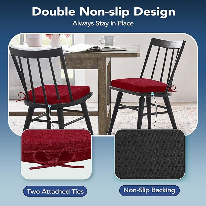 Chair Cushions for Dining Chairs, Non Slip Chair Pads with Ties and Washable Covers, Memory Foam Kitchen Chair Cushions Set of 6, 16"X16"X2.5", Red