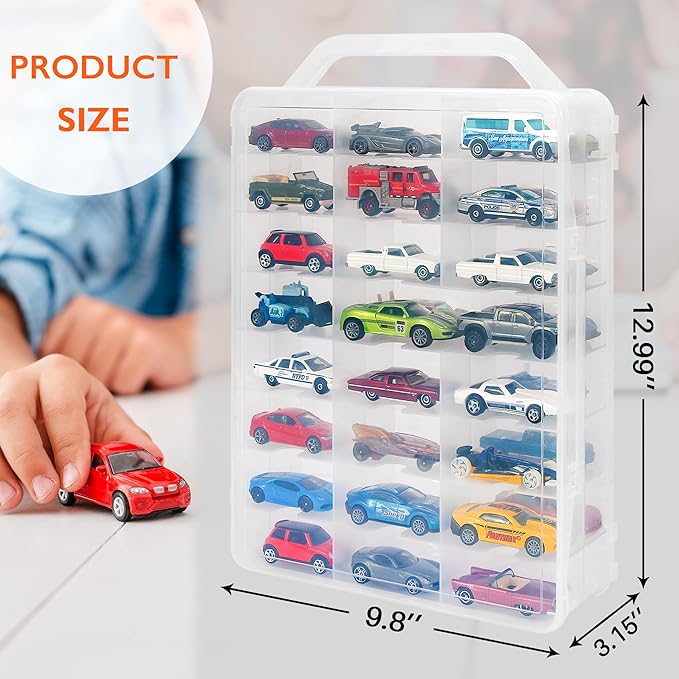 KISLANE Double Sided Toy Car Storage Case for 48 Toy Cars, Matchbox Cars, Mini Toys, Small Dolls, Portable Storage Case for Toy Cars, Matchbox Cars with 46 Slots, Case Only (Transparent-2 Pack)