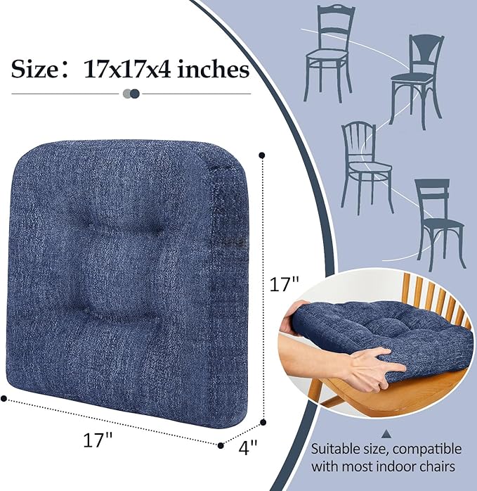 downluxe Chair Cushions for Dining Chairs 2 Pack, Tufted Indoor Chair Pads with Non-Slip Bottom, U-Shaped Kitchen Chair Cushions, 17"x17"x4", Navy Blue