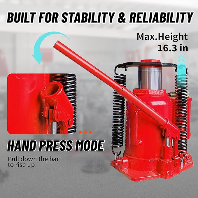 32 Ton Air Hydraulic Bottle Jack with Air-Powered or Manual Operation, One-Piece Hydraulic Cylinder Design, Air Bottle Jack with Independent Air Pump Body and Carry Handle