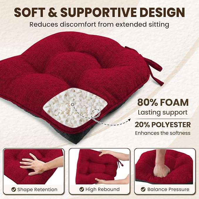 downluxe Indoor Chair Cushions for Dining Chairs, Tufted Overstuffed Textured Kitchen Chair Pads with Ties and Non-Slip Backing, 15.5" x 15.5" x 4", Red, 6 Pack