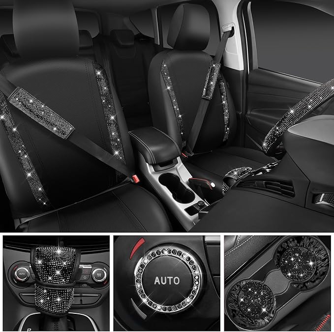 CAR PASS Bling Diamond Leather Car Seat Covers 11 PCS, Sparkly Rhinestone Steering Wheel Cover Glitter Cute Interior Car Accessories Sets Seat Belt Cushion Cup Holder Coaster Women Girl, Black Diamond