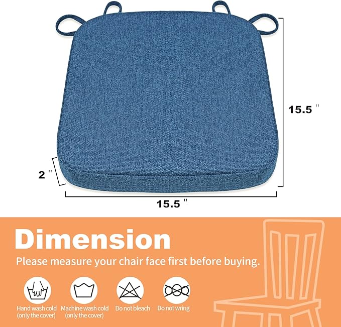 SINOSSO Memory Foam Chair Cushions for Folding Chairs 6 Pack, Thickened 2" Square Pads with Ties for Kitchen Chairs, Indoor Non-Slip Dining Chair Seat Cushions (Set of 6, Blue)
